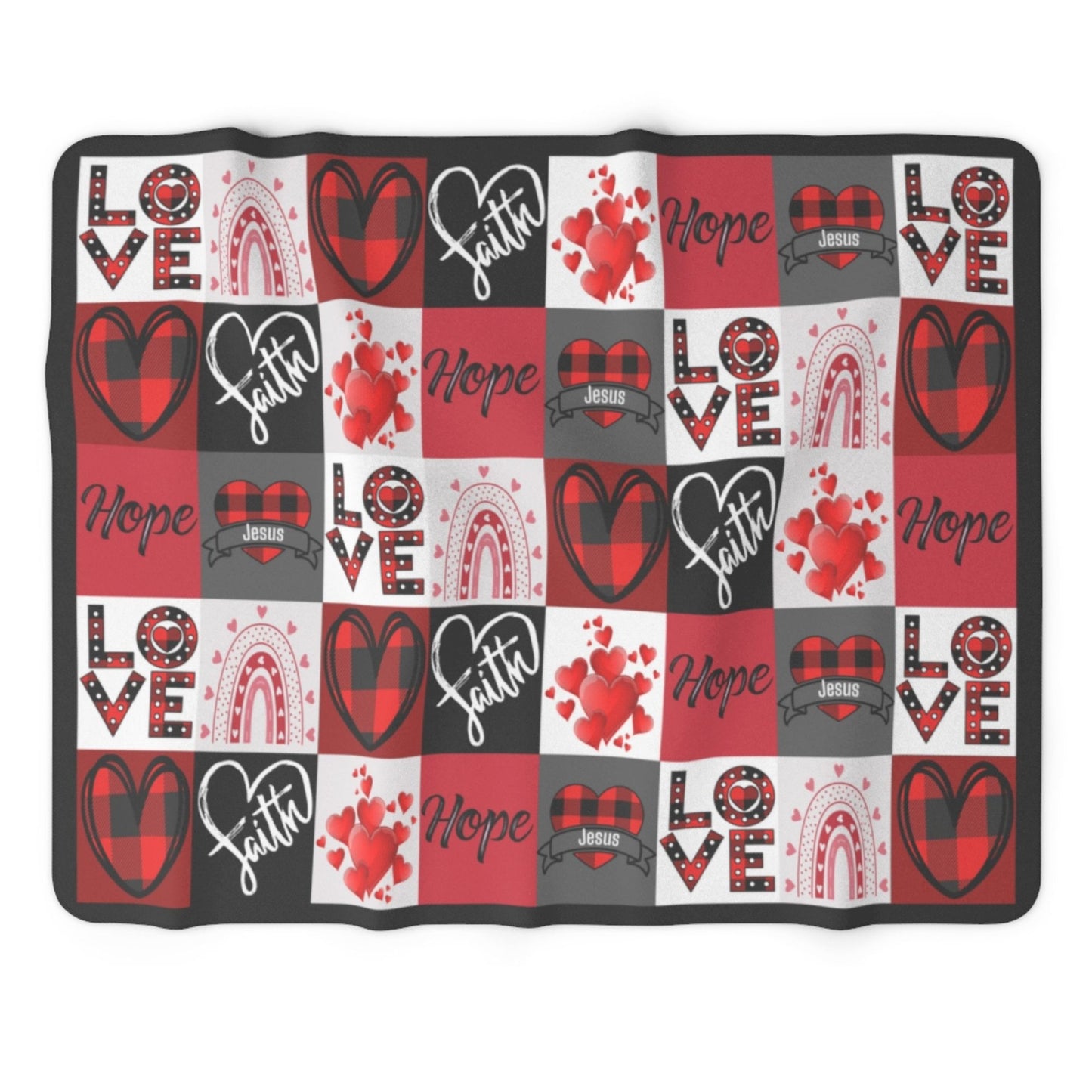 Faith Hope Love Hearts and Jesus Plaid Soft Sherpa Fleece Throw Blanket
