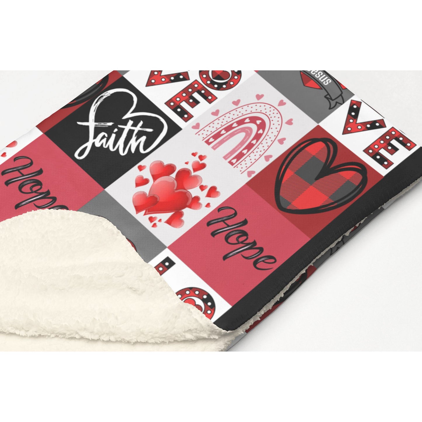 Faith Hope Love Hearts and Jesus Plaid Soft Sherpa Fleece Throw Blanket