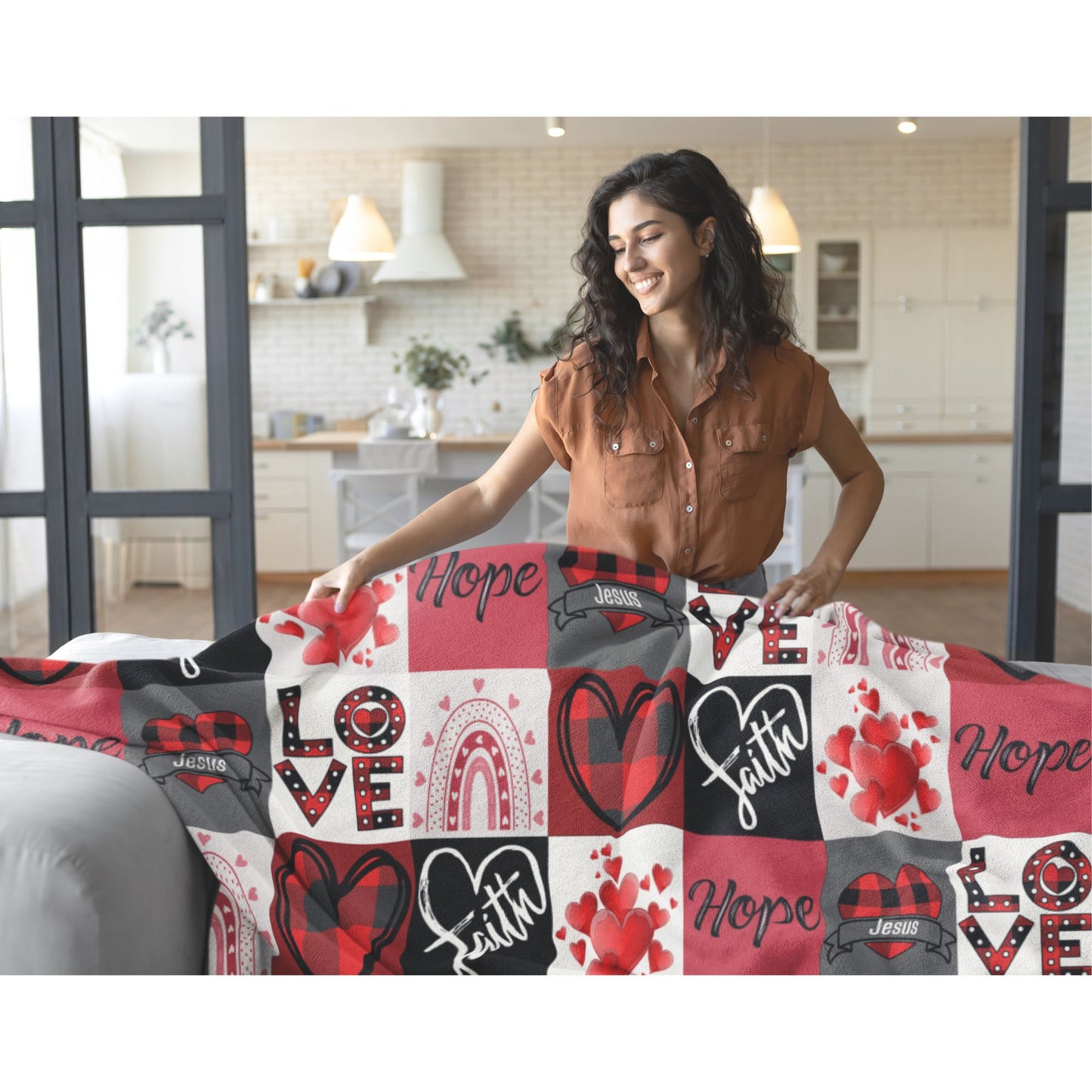 Faith Hope Love Hearts and Jesus Plaid Soft Sherpa Fleece Throw Blanket