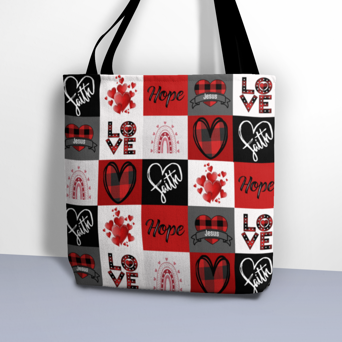 Faith Hope and Love Plaid Hearts Jesus Tote