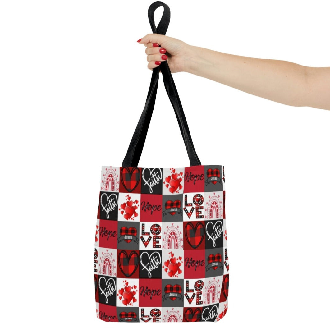 Faith Hope and Love Plaid Hearts Jesus Tote
