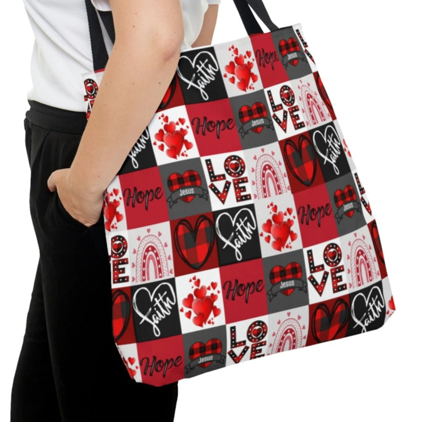 Faith Hope and Love Plaid Hearts Jesus Tote