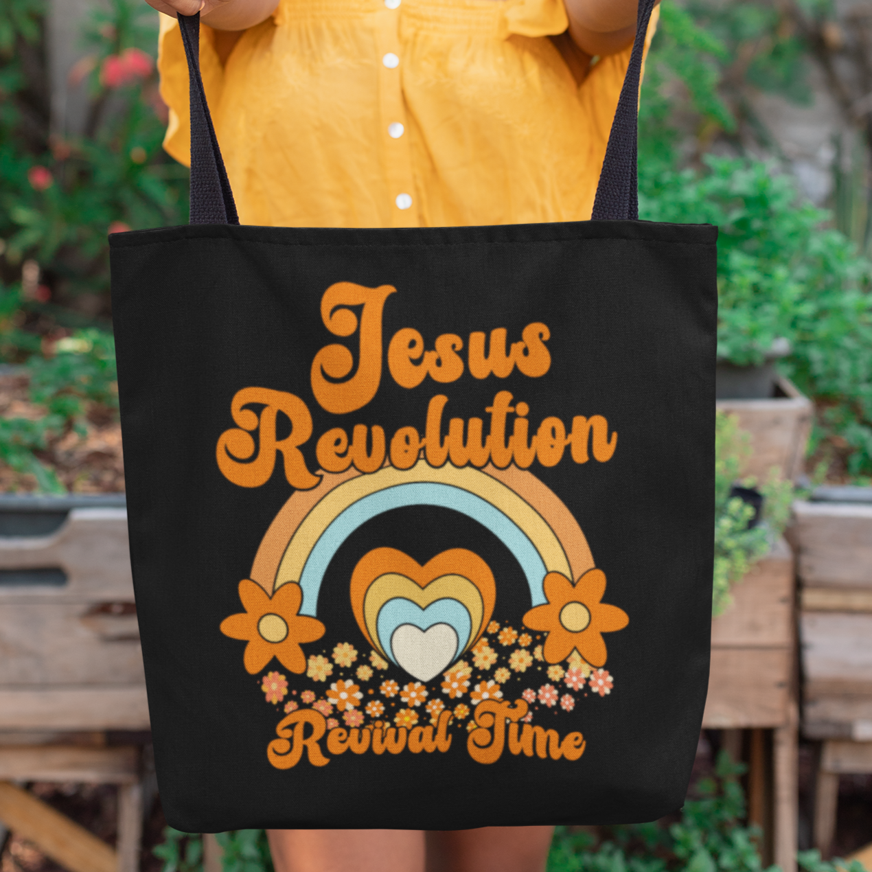 Jesus Revolution Revival Time Tote Bag - Retro Rainbow Heart