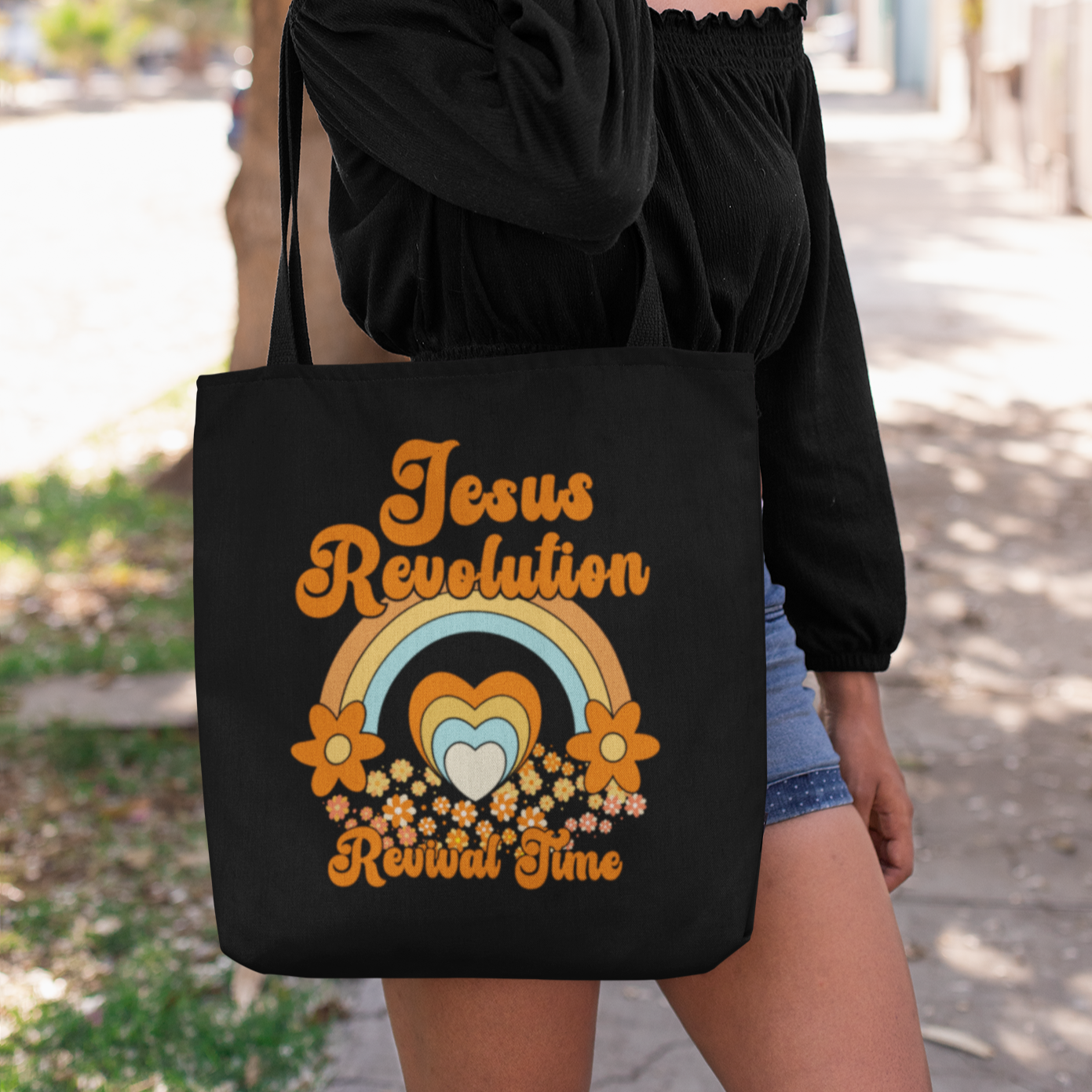 Jesus Revolution Revival Time Tote Bag - Retro Rainbow Heart
