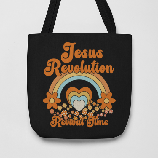 Jesus Revolution Revival Time Tote Bag - Retro Rainbow Heart