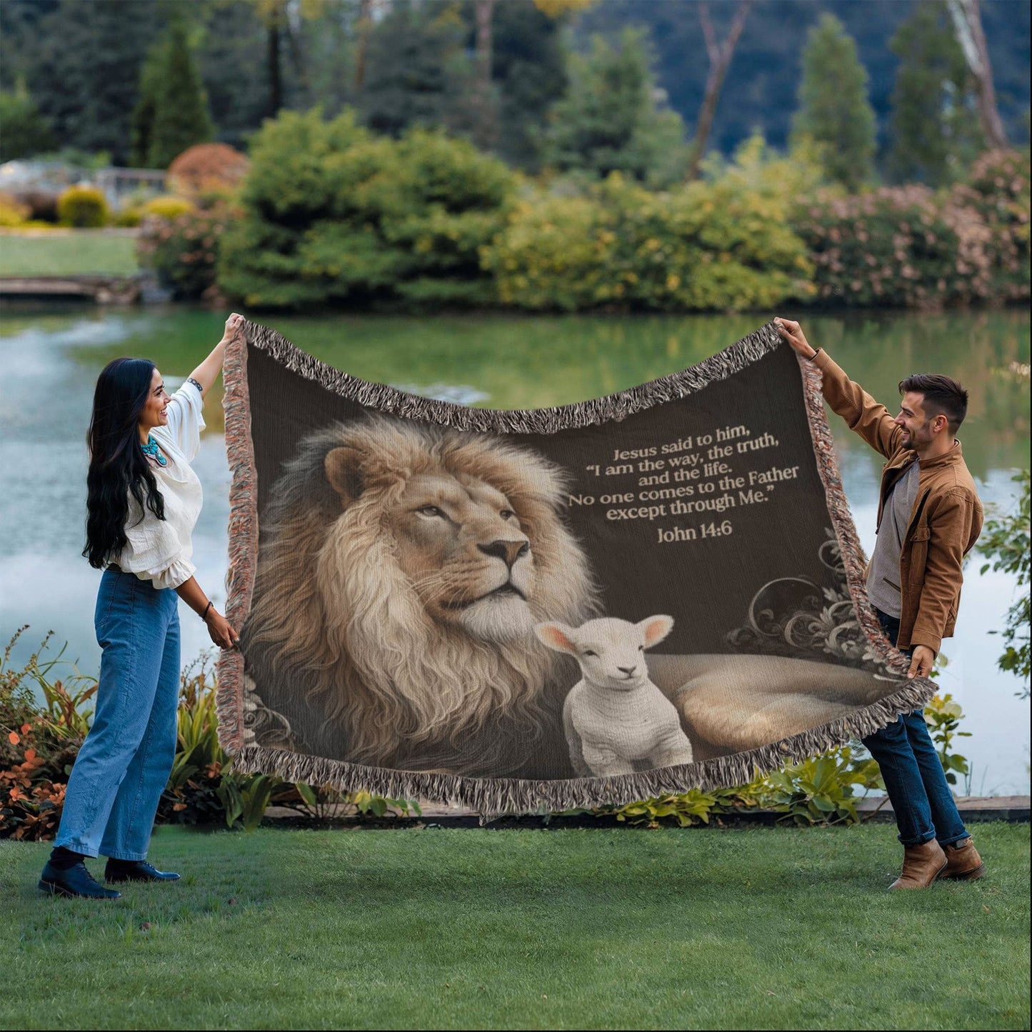 Personalized Bible Verse Woven Throw - Lion and Lamb