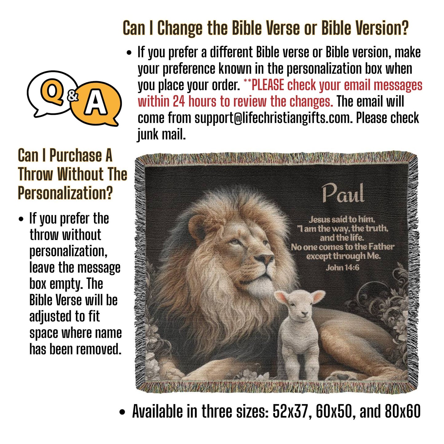 Personalized Bible Verse Woven Throw - Lion and Lamb
