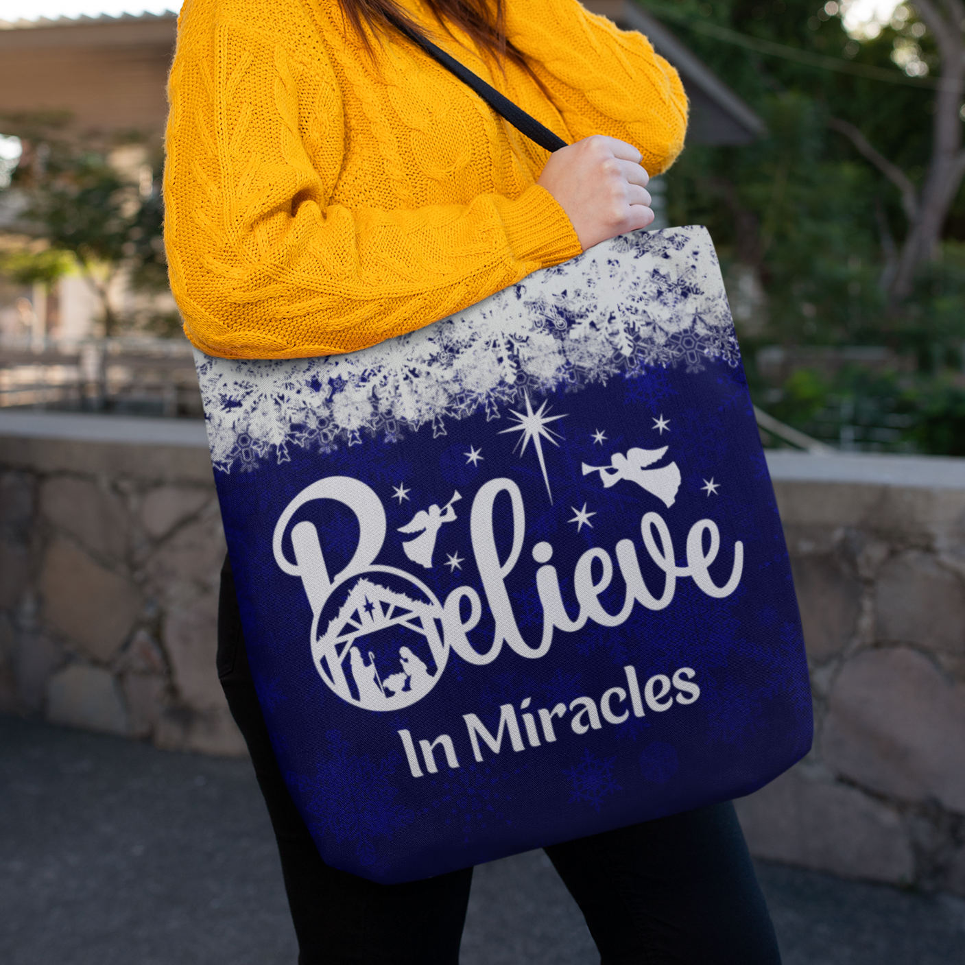 Nativity Scene Believe In Miracles Christmas Tote Bag