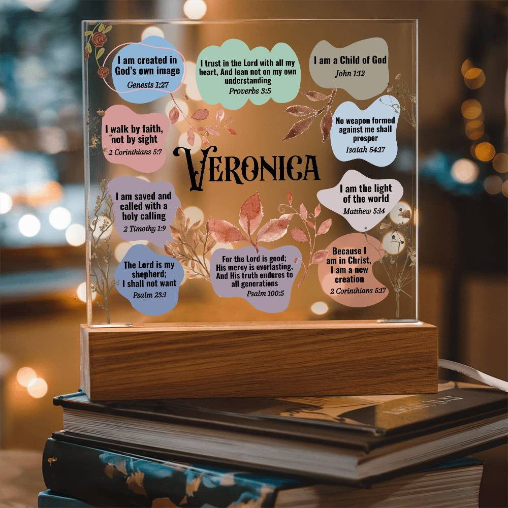 Acrylic LED Affirmations Plaque to sit on a desk. Features 10 encouraging Bible verses surrounding the custom name.