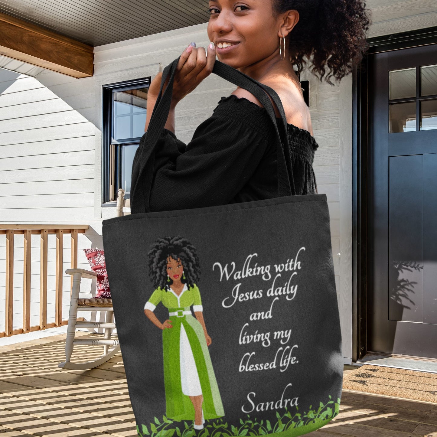 Personalized African American Woman Tote Bag Walking With Jesus