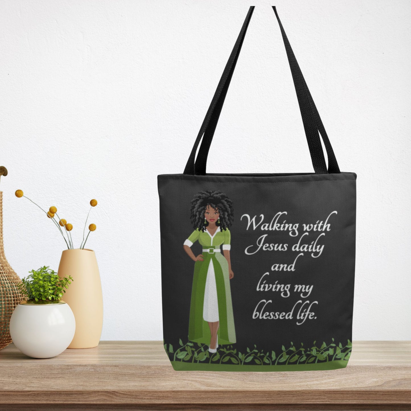 Personalized African American Woman Tote Bag Walking With Jesus