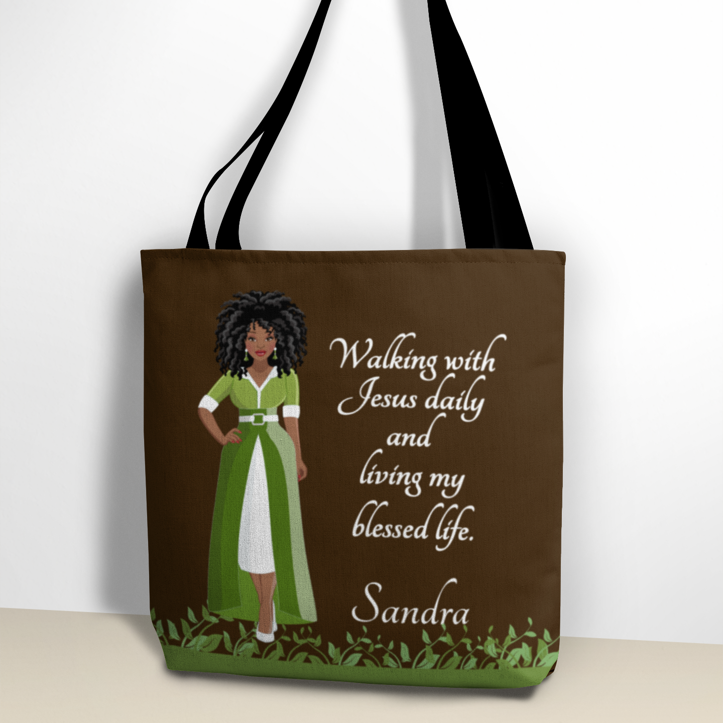 Personalized African American Women's Bible Study Brown Tote Bag, Custom Christian Faith Tote With Inspirational Quote Walking With Jesus