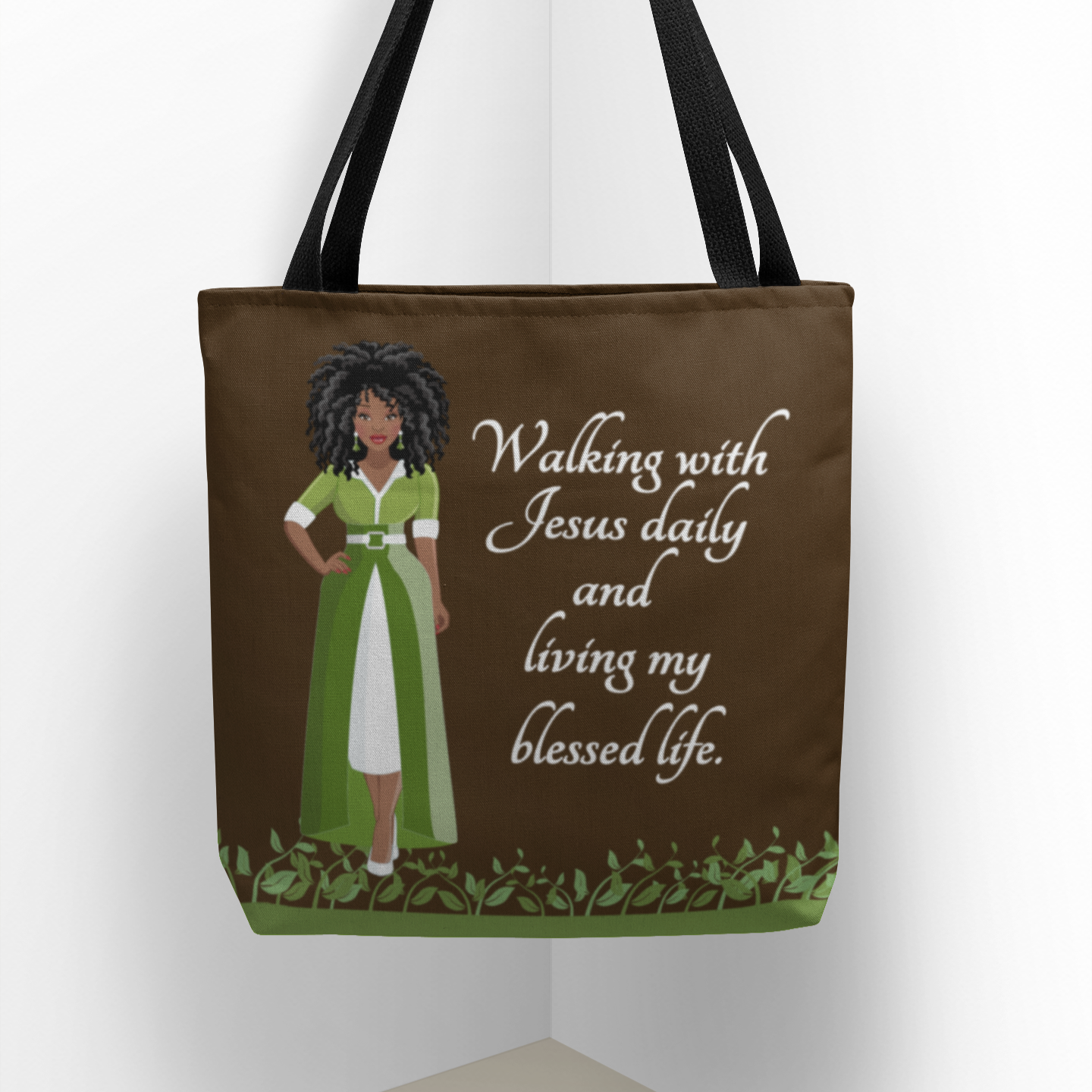 Personalized African American Women's Bible Study Brown Tote Bag, Custom Christian Faith Tote With Inspirational Quote Walking With Jesus