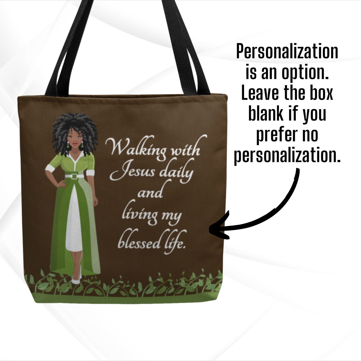 Personalized African American Women's Bible Study Brown Tote Bag, Custom Christian Faith Tote With Inspirational Quote Walking With Jesus