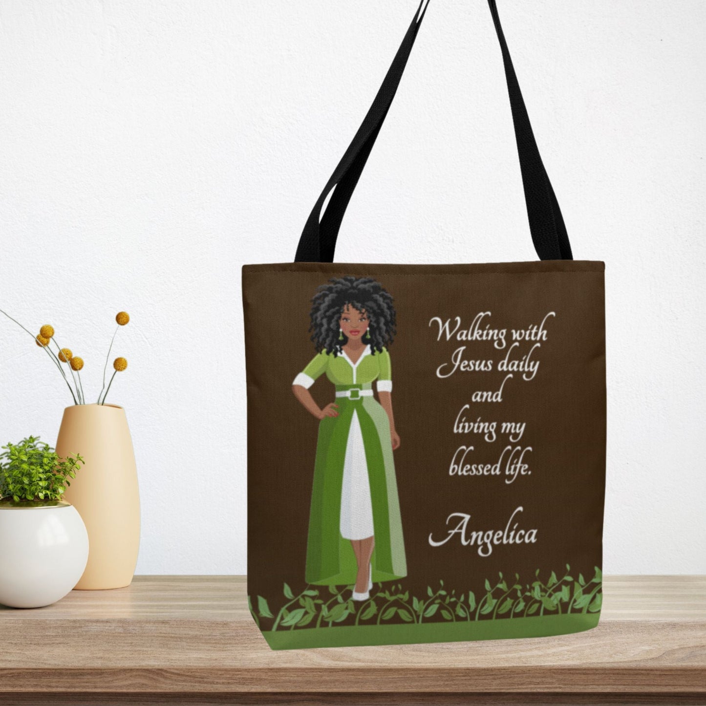 Personalized African American Women's Bible Study Brown Tote Bag, Custom Christian Faith Tote With Inspirational Quote Walking With Jesus