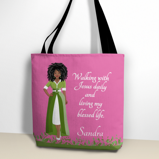 Personalized African American Women's Bible Study Pink Tote Bag, Christian Faith Tote With Inspirational Quote Walking With Jesus