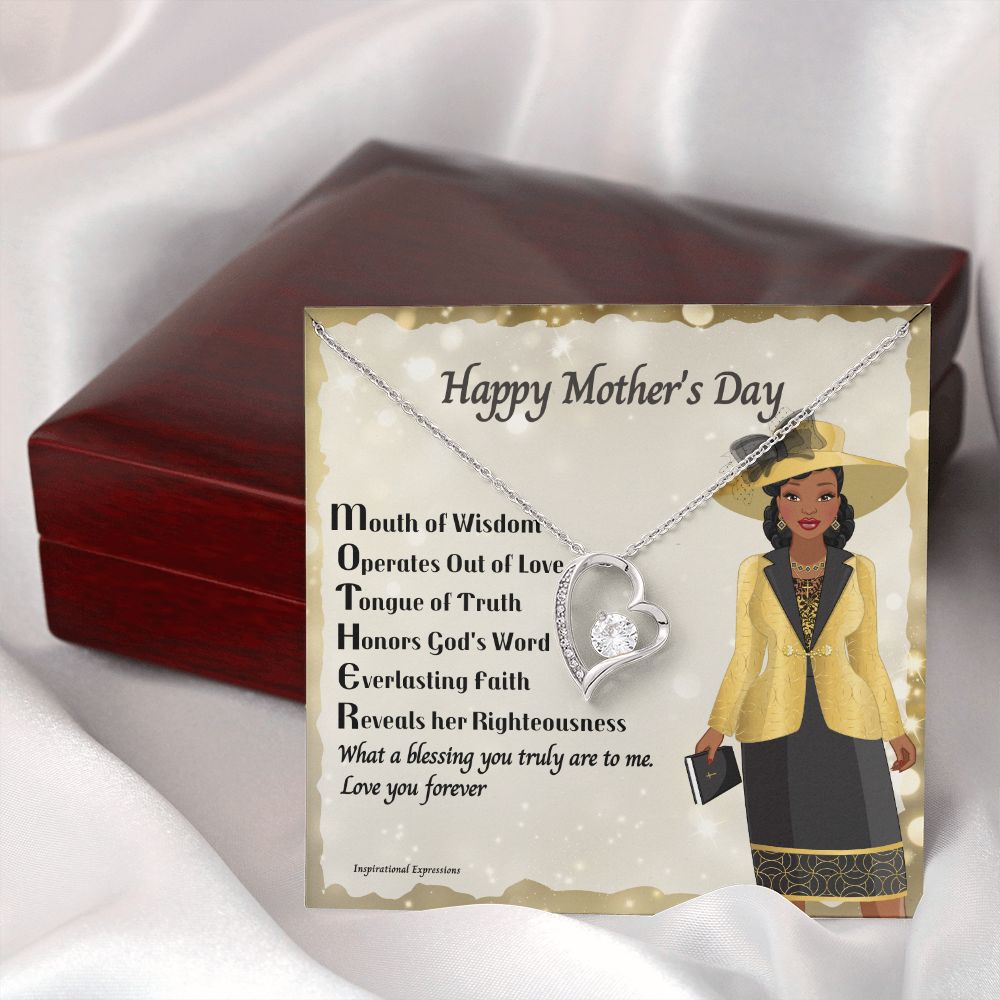 African American Mother Acronym Message Card Mother's Day Forever Love Heart Necklace