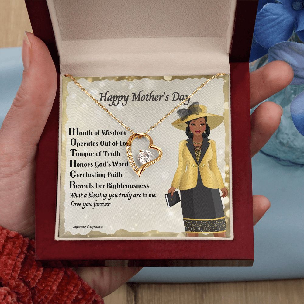 African American Mother Acronym Message Card Mother's Day Forever Love Heart Necklace