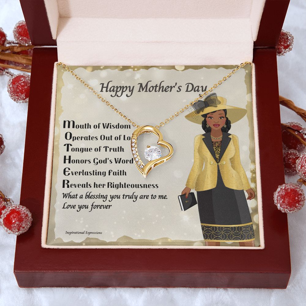 African American Mother Acronym Message Card Mother's Day Forever Love Heart Necklace