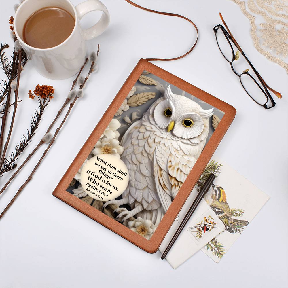 Owl With Bible Verse Leather Journal - Who Can Be Against Us