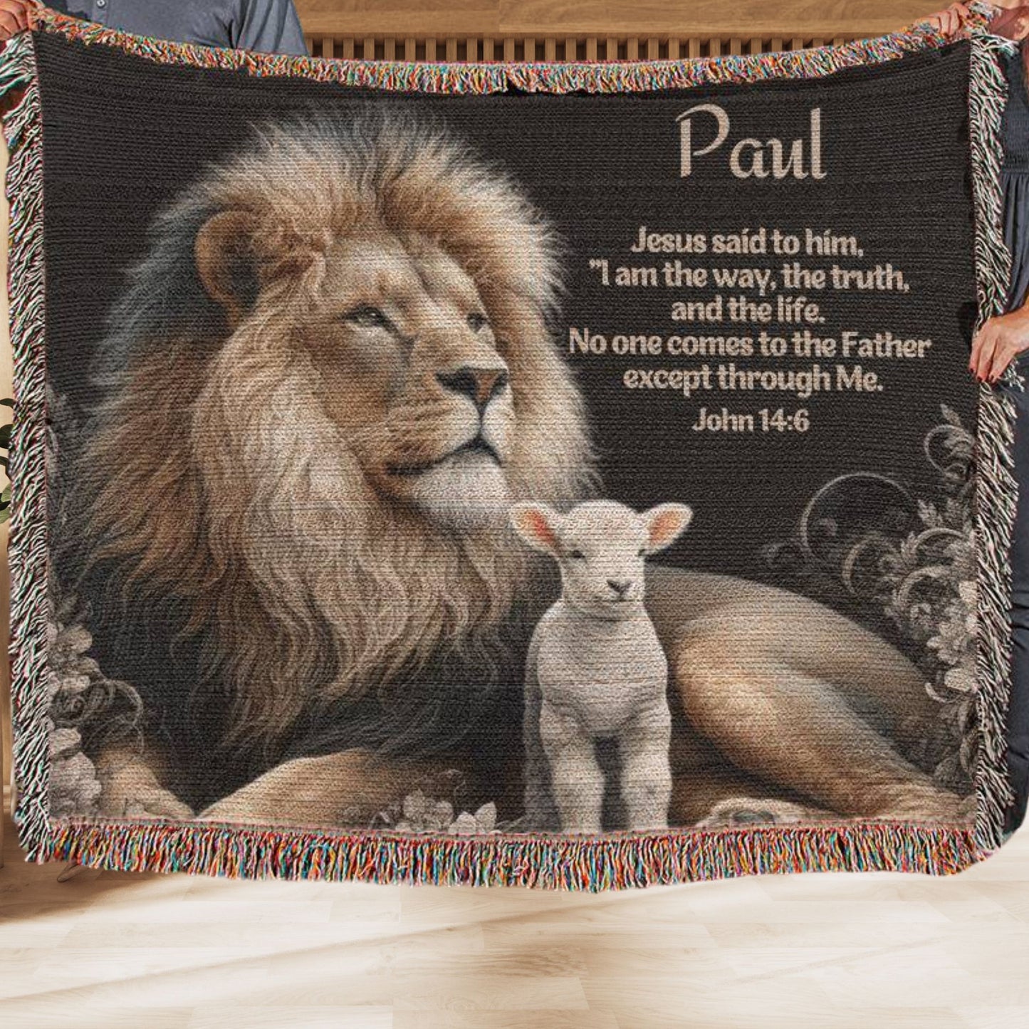 Personalized Bible Verse Woven Throw - Lion and Lamb