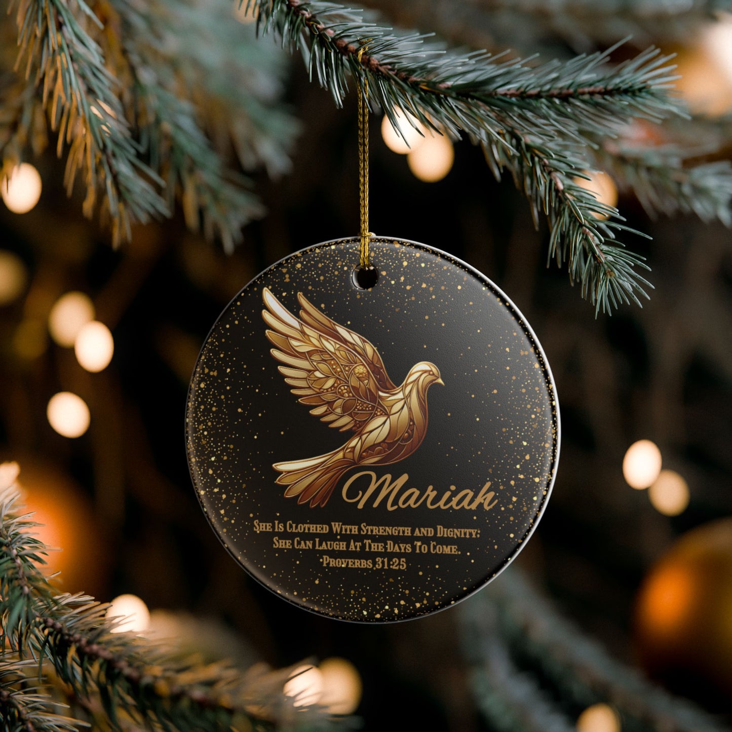 Bible Verse Personalized Ceramic Christmas Ornament With Gold Dove