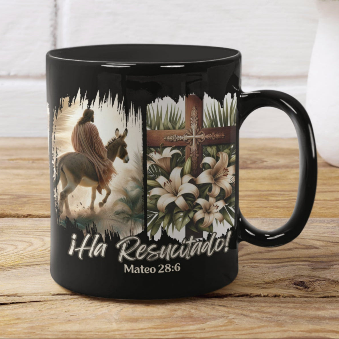 Black Coffee cup with the words Ha Resuctado! He is Risen! In Spanish. Christian religious Easter mug with Jesus riding on a colt.