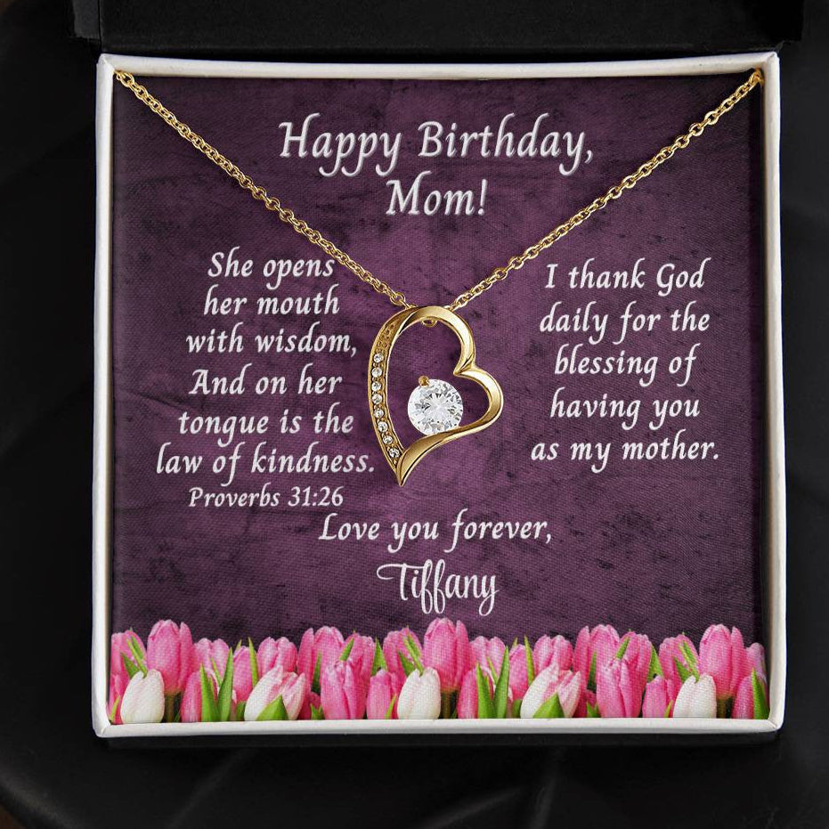 Happy Birthday Mom Message Card - Forever Love Necklace - Tulips