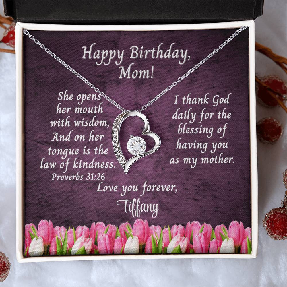 Happy Birthday Mom Message Card - Forever Love Necklace - Tulips