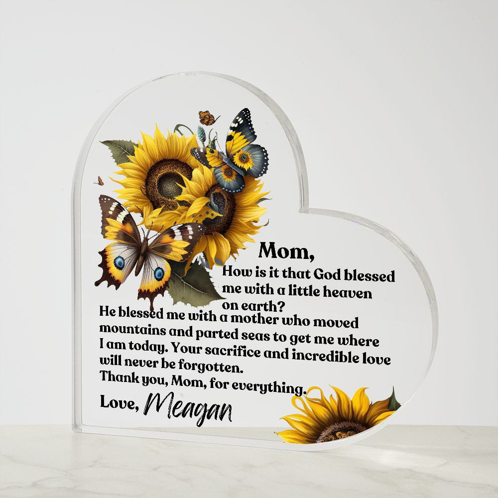 Personalized Mom Acrylic Heart Paperweight Keepsake - Butterfly Sunflower