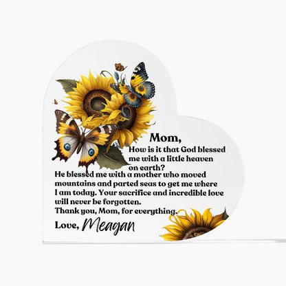 Personalized Mom Acrylic Heart Paperweight Keepsake - Butterfly Sunflower