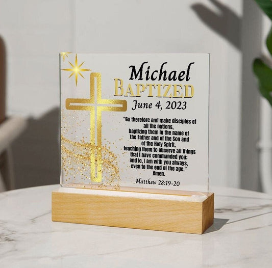 Personalized Acrylic Plaque Baptism Gift For Teen or Adult - Bible Verse and Gold Cross