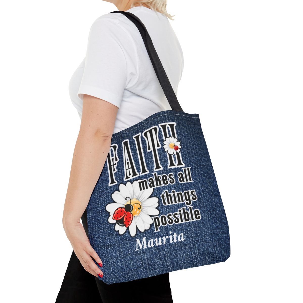 Christian Quote Women's Mock Denim Tote Bag - Faith Makes Things Possible