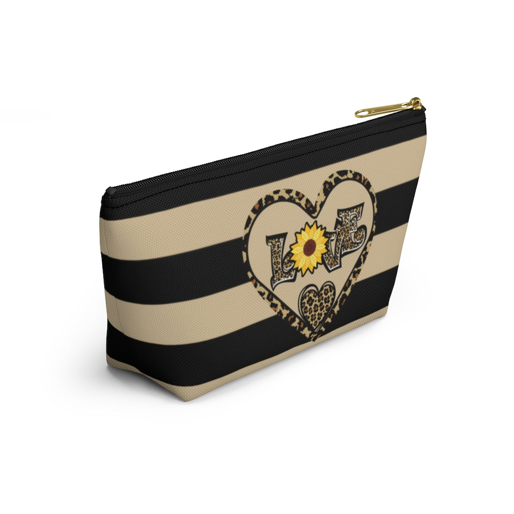 Love Leopard Print With Sunflower And Hearts Zipper Pouch | Cosmetic Accessory Bag