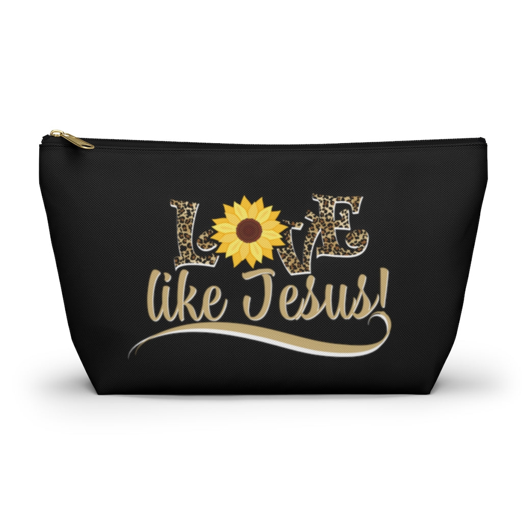 Love Like Jesus Leopard Print With Sunflower Cosmetic Zipper Pouch