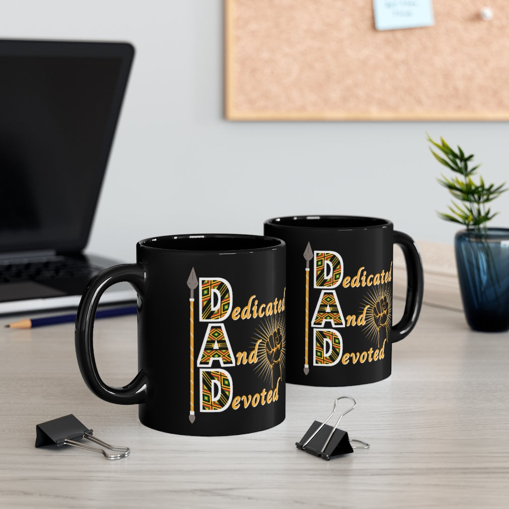 Kente Style Dedicated and Devoted Dad Acronym Mug, Black Coffee Cup For Father's Day