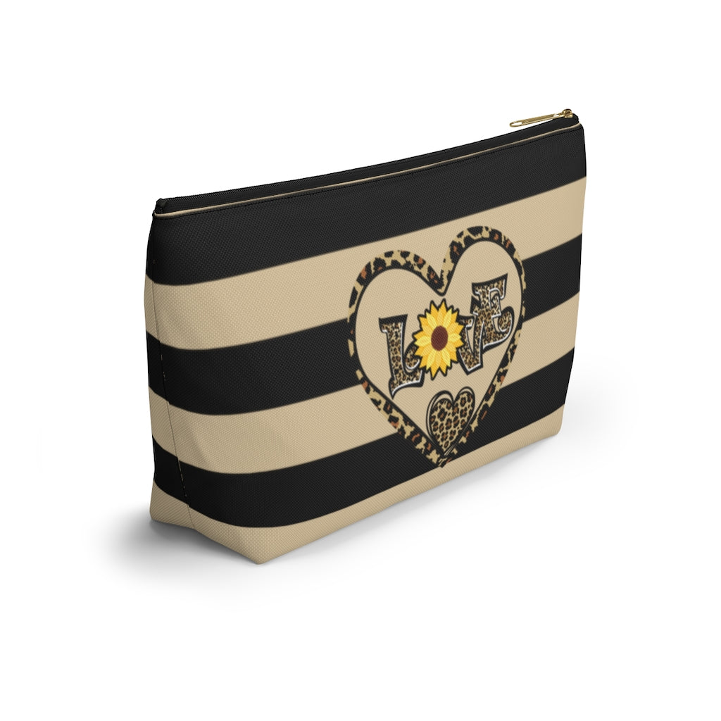 Love Leopard Print With Sunflower And Hearts Zipper Pouch | Cosmetic Accessory Bag