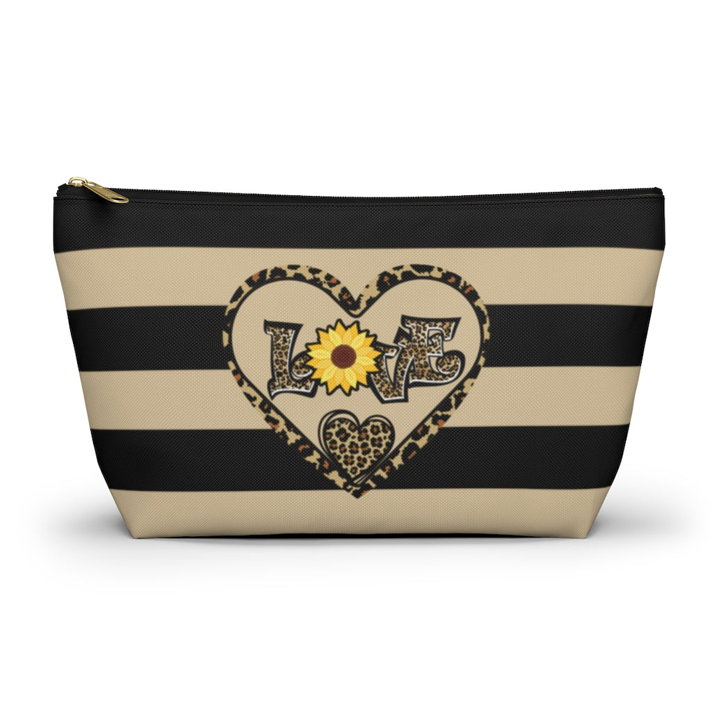 Love Leopard Print With Sunflower And Hearts Zipper Pouch | Cosmetic Accessory Bag