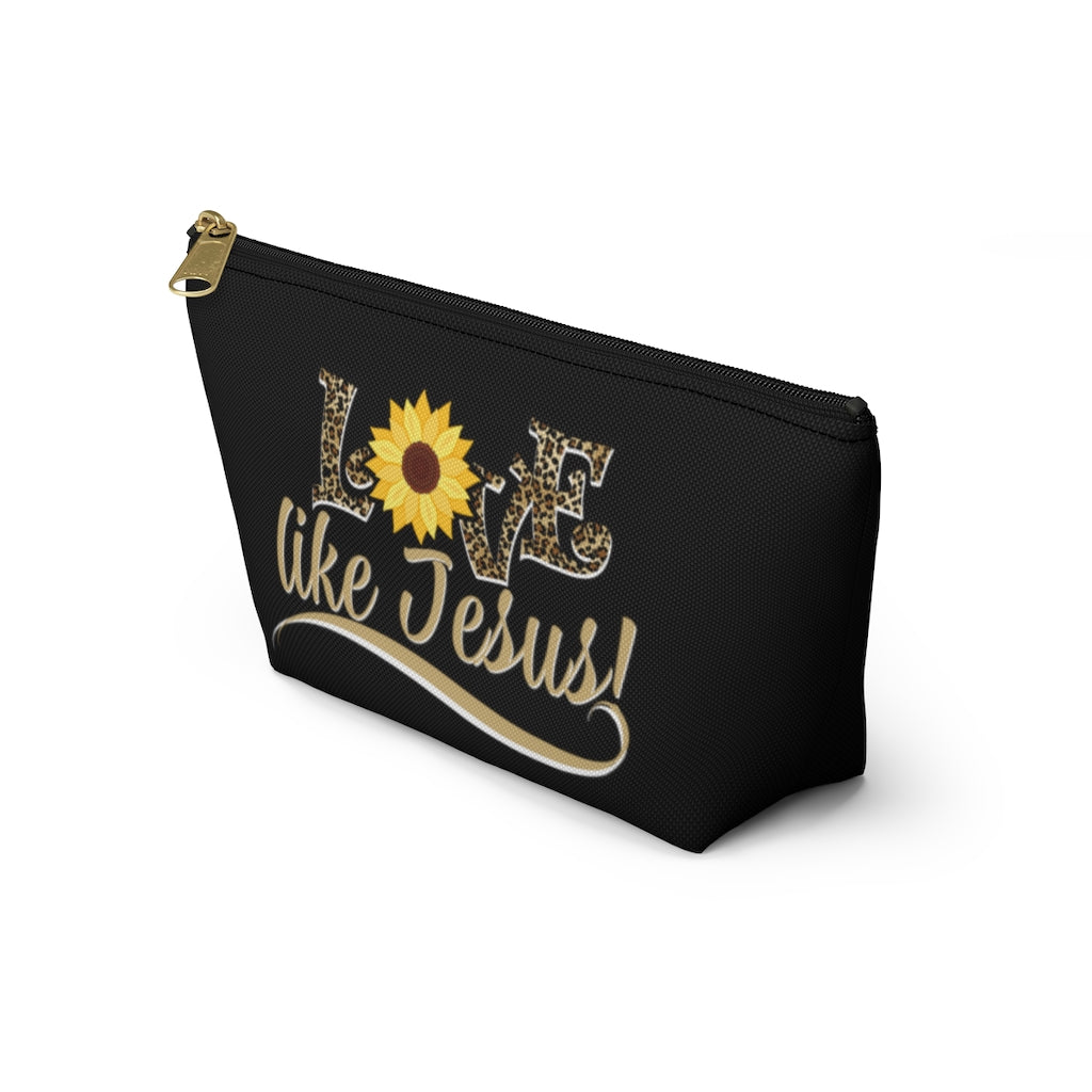 Love Like Jesus Leopard Print With Sunflower Cosmetic Zipper Pouch