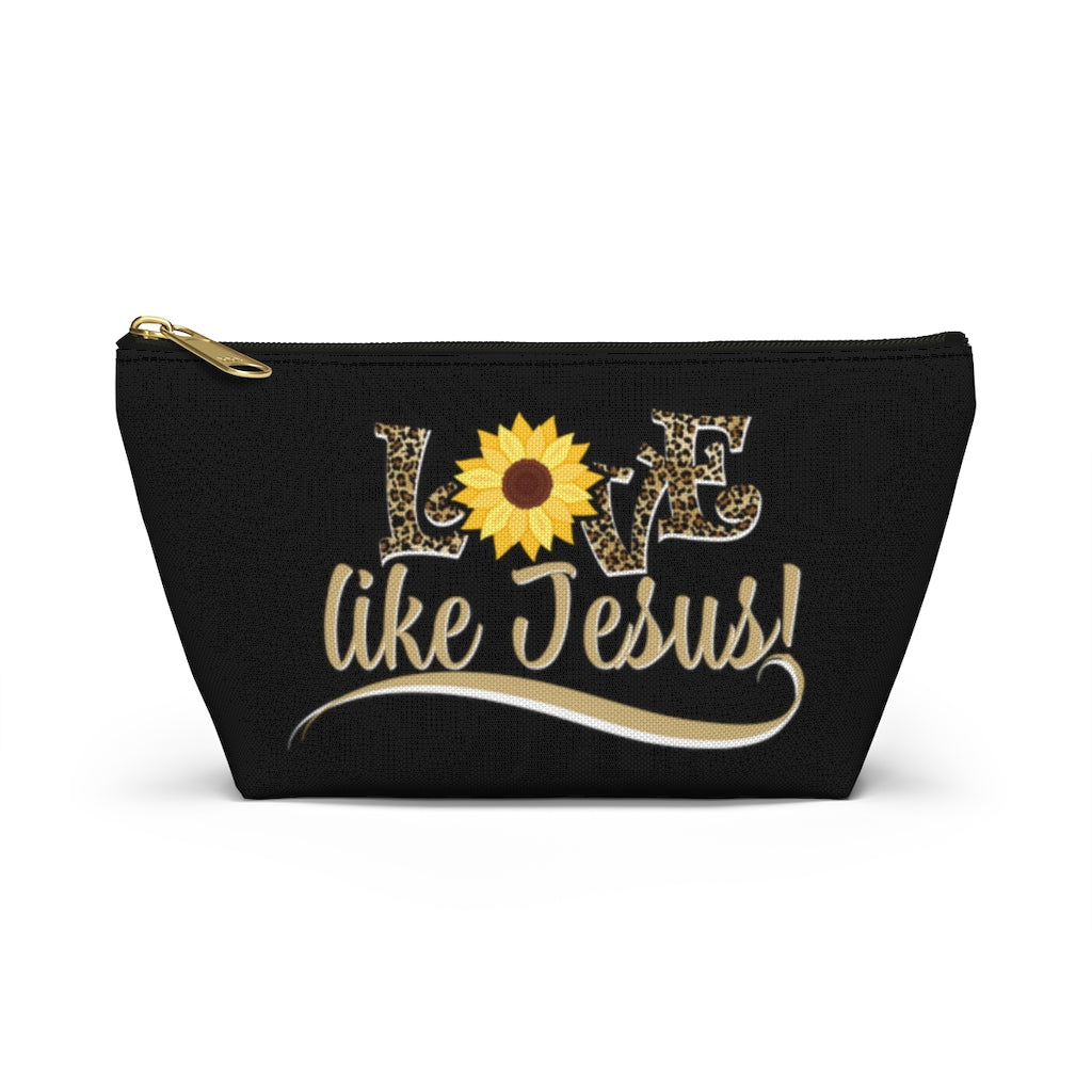 Love Like Jesus Leopard Print With Sunflower Cosmetic Zipper Pouch