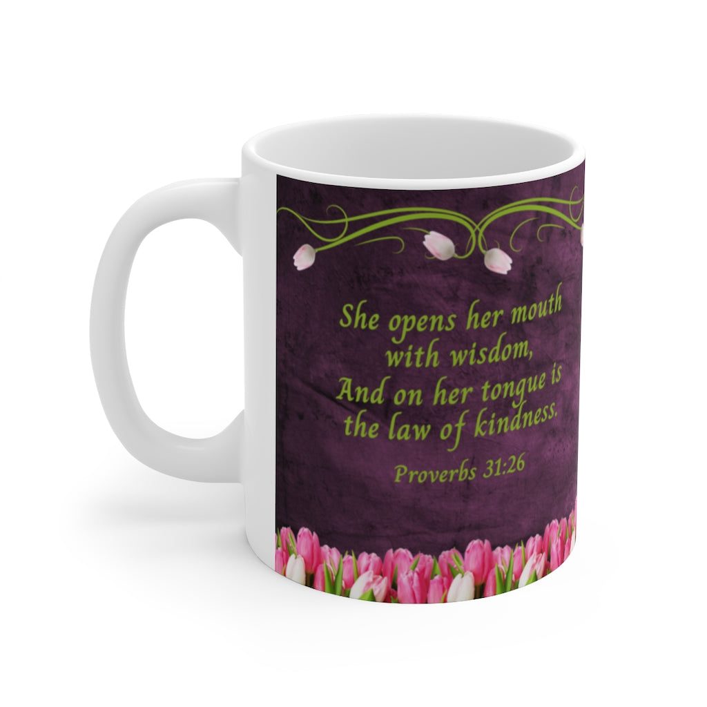 Bible Verse Proverbs 31:26 Woman of God Mug, Mother's Day Cup With Tulips