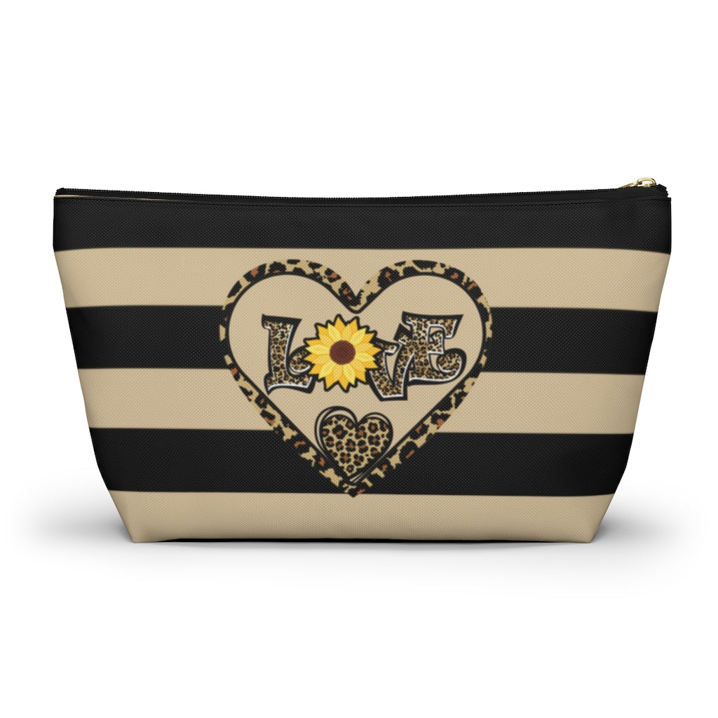 Love Leopard Print With Sunflower And Hearts Zipper Pouch | Cosmetic Accessory Bag