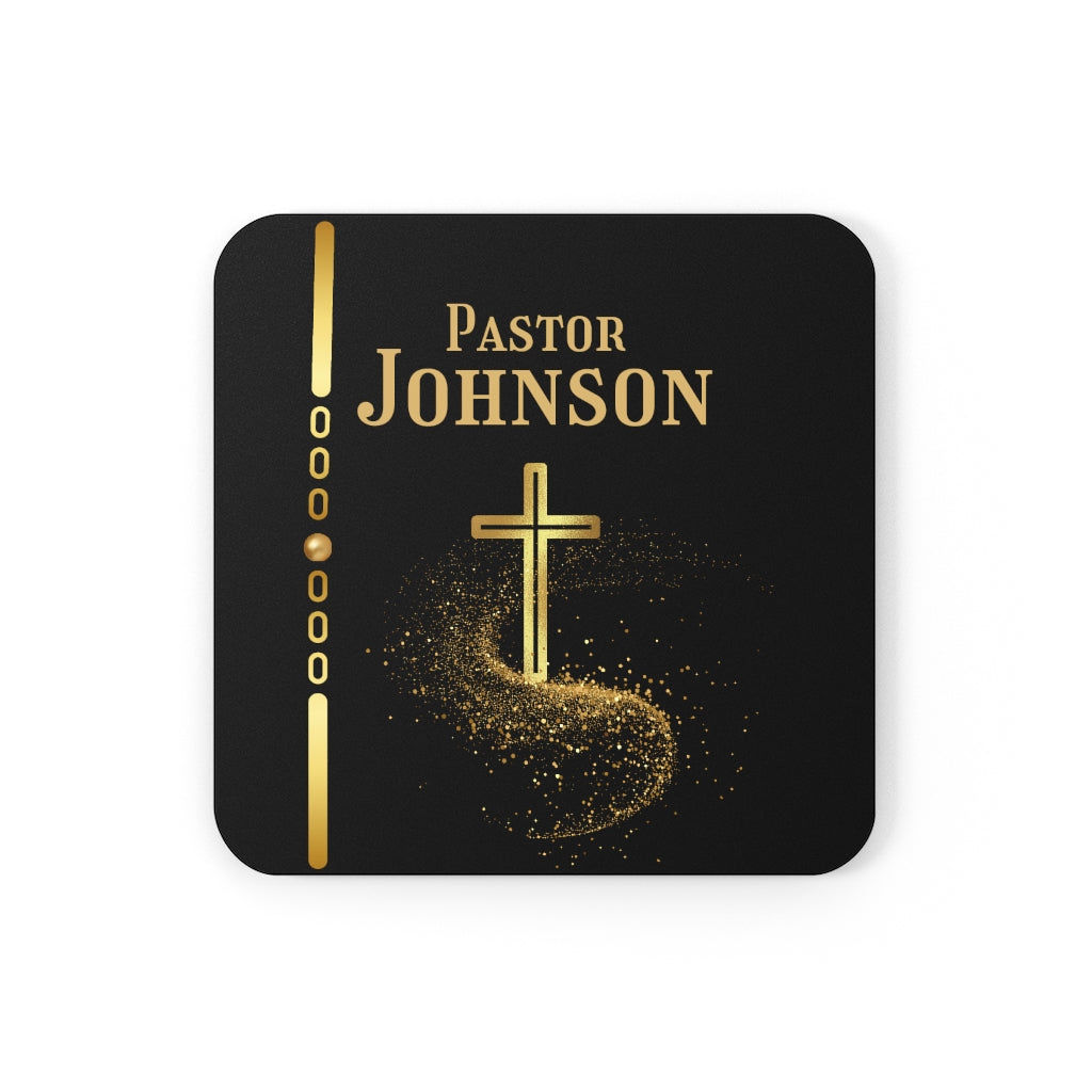 Personalized Pastor's Name Black and Gold Cross Corkwood Coaster Set