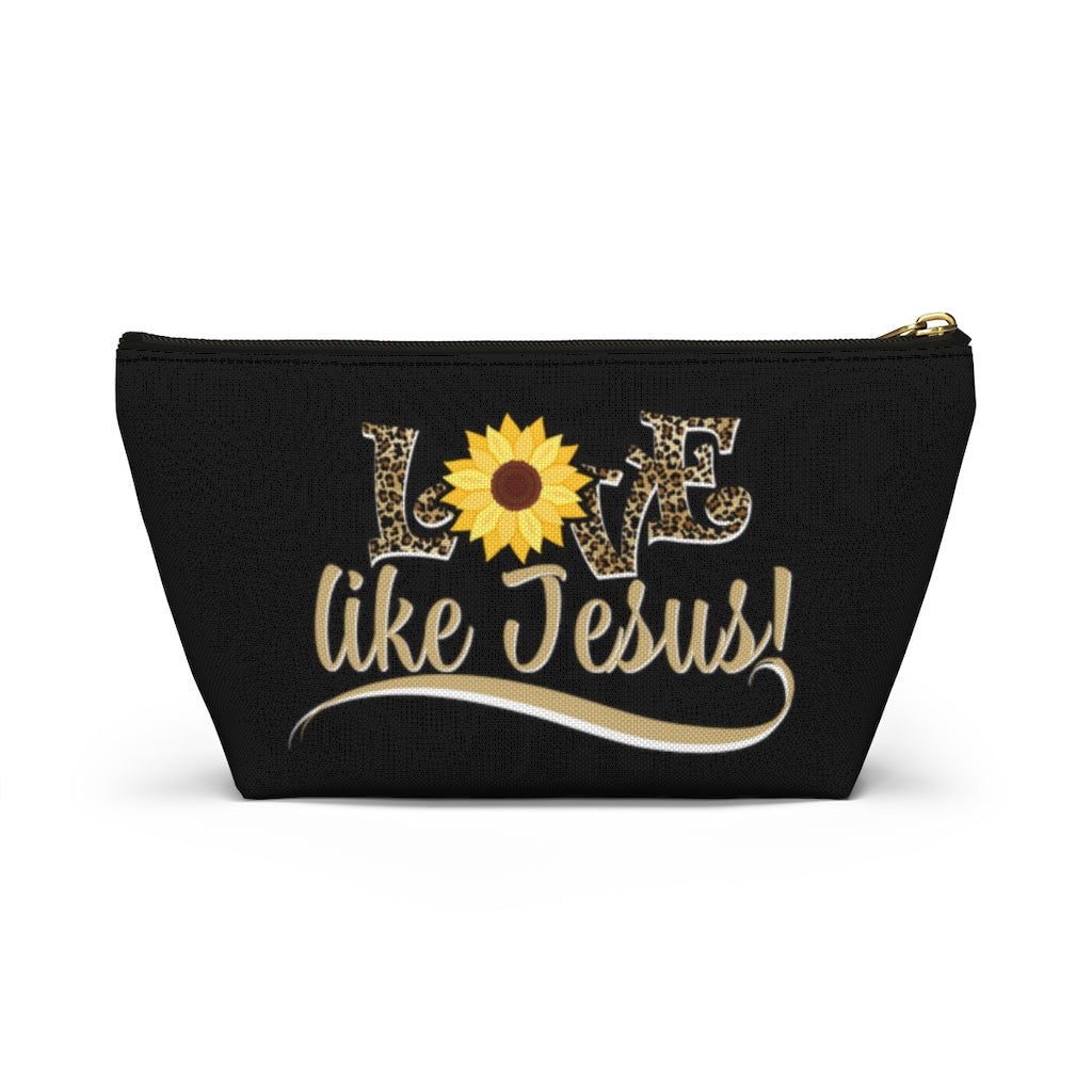 Love Like Jesus Leopard Print With Sunflower Cosmetic Zipper Pouch
