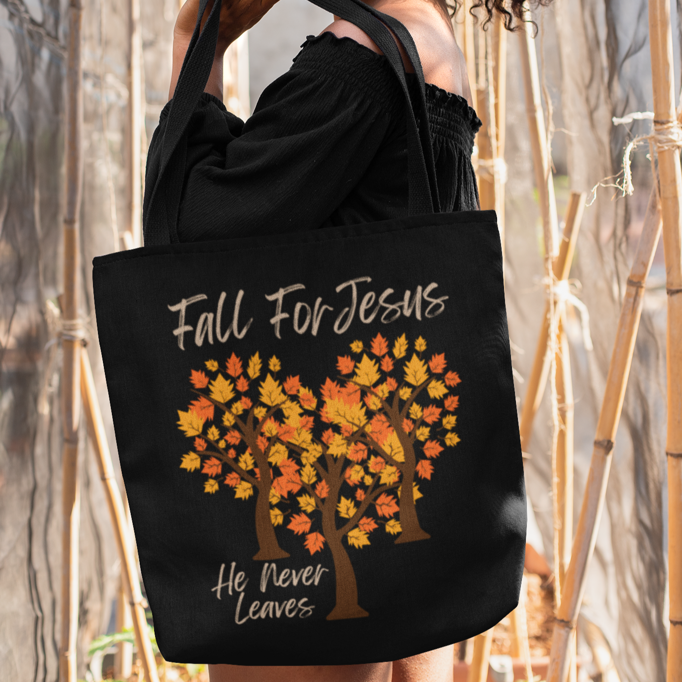 Fall For Jesus He Never Leaves Tote | Autumn Trees Christian Faith Tote Bag