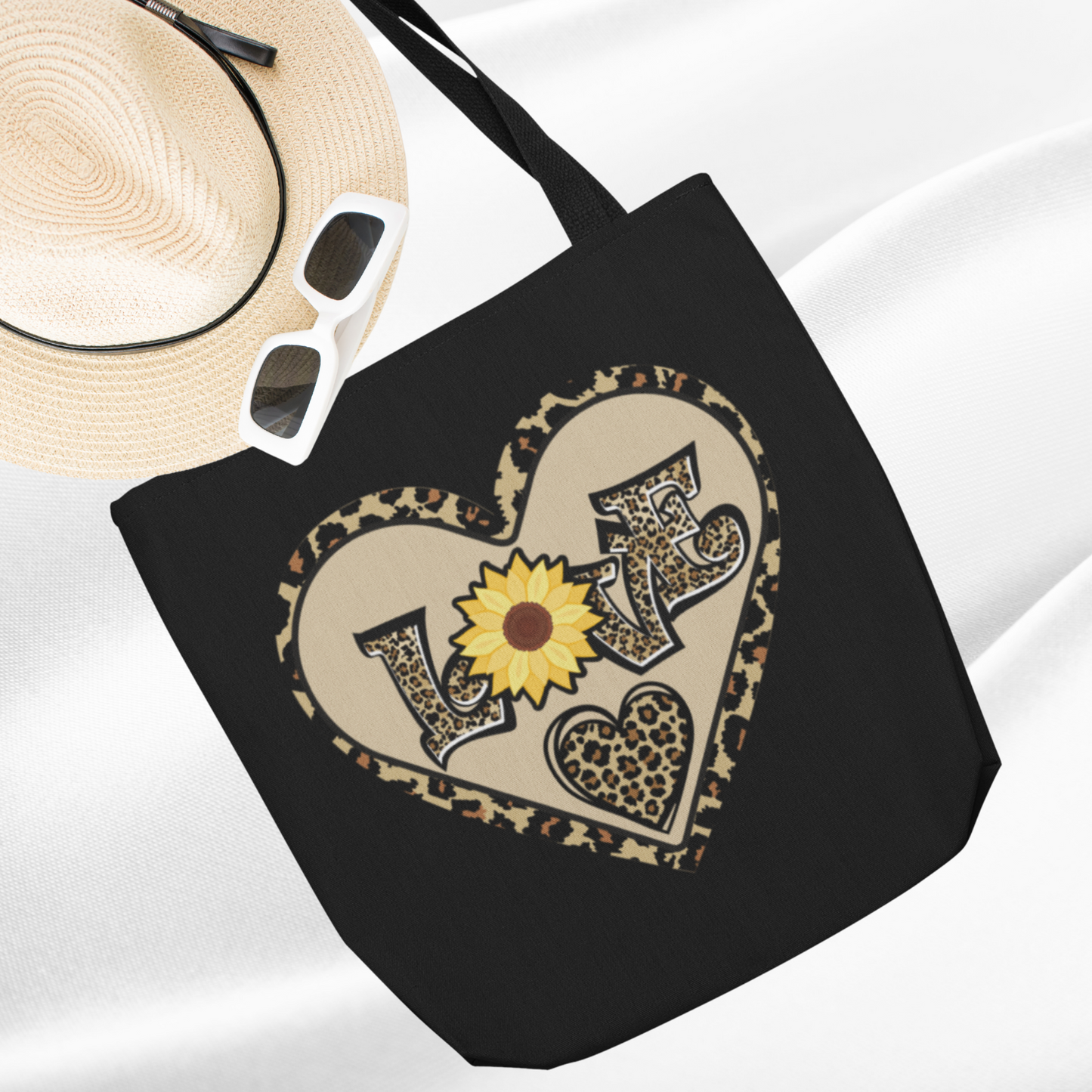 Love Leopard Print With Sunflower and Hearts Tote Bag