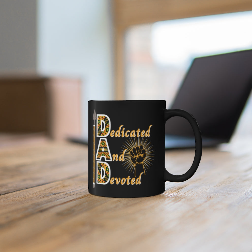 Kente Style Dedicated and Devoted Dad Acronym Mug, Black Coffee Cup For Father's Day
