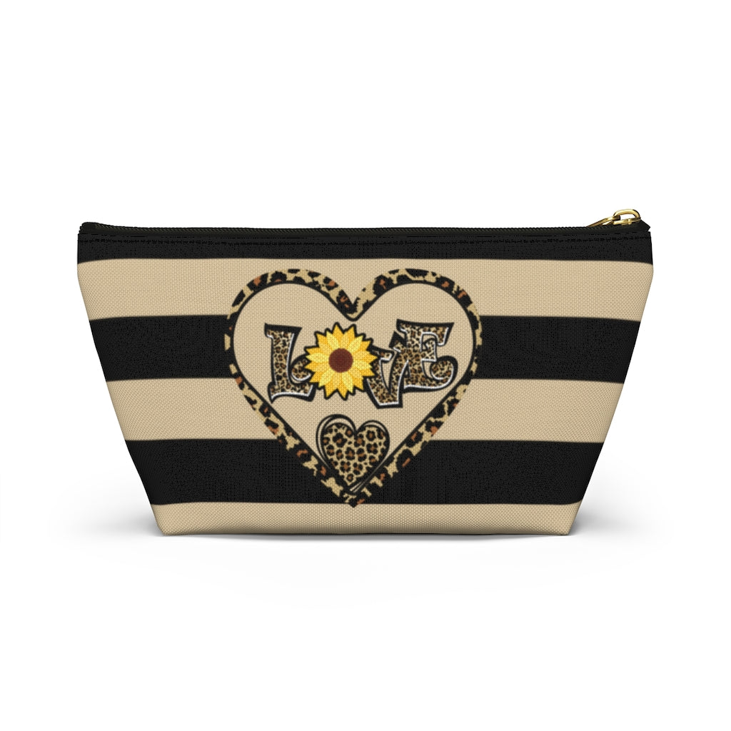 Love Leopard Print With Sunflower And Hearts Zipper Pouch | Cosmetic Accessory Bag