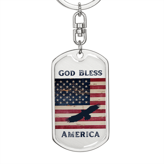 God Bless America Dog Tag Keychain - Flag and Eagle