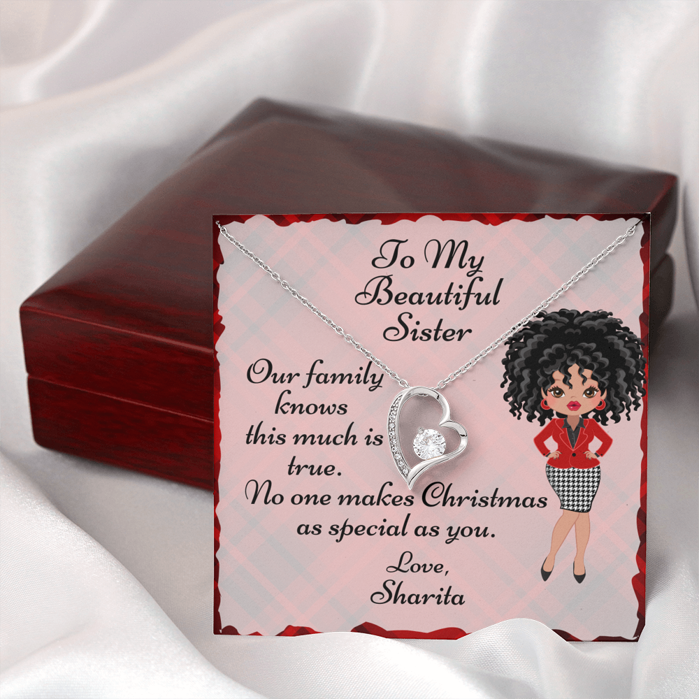 Personalized Christmas Card To Sister With Cubic Zirconia Heart Necklace - Plaid Skirt